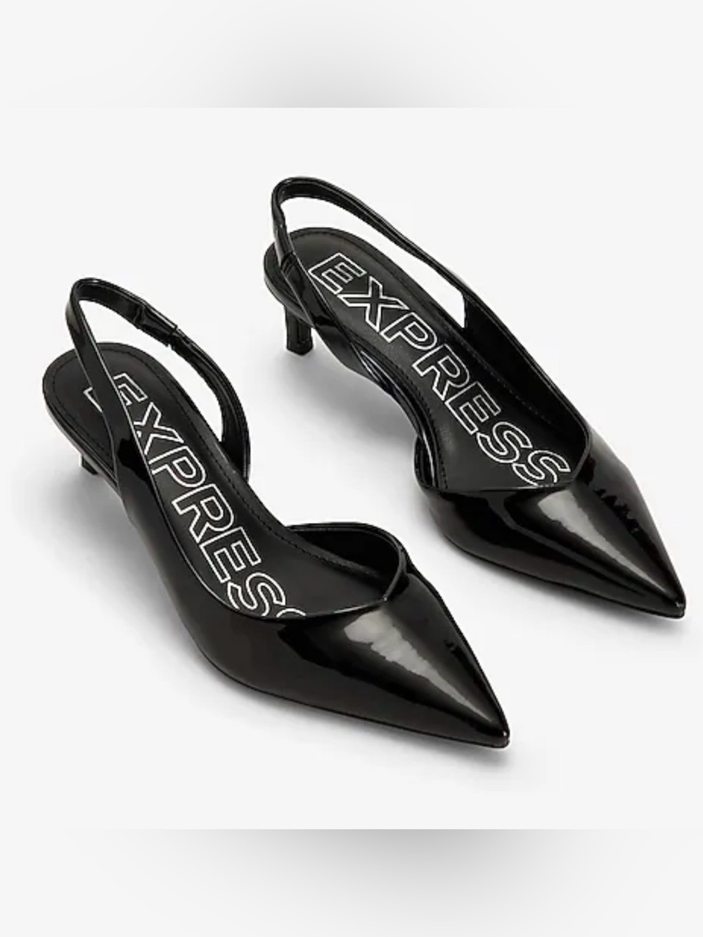 Express Black Patent Pointed Slingback Kitten Heels